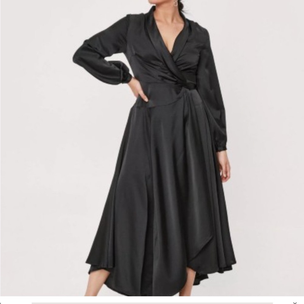 NWT Nasty Gal Black Satin Wrap Dress 4